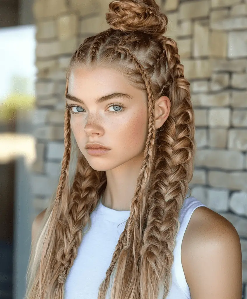 Bold Viking braids paired with a high top knot for an edgy look