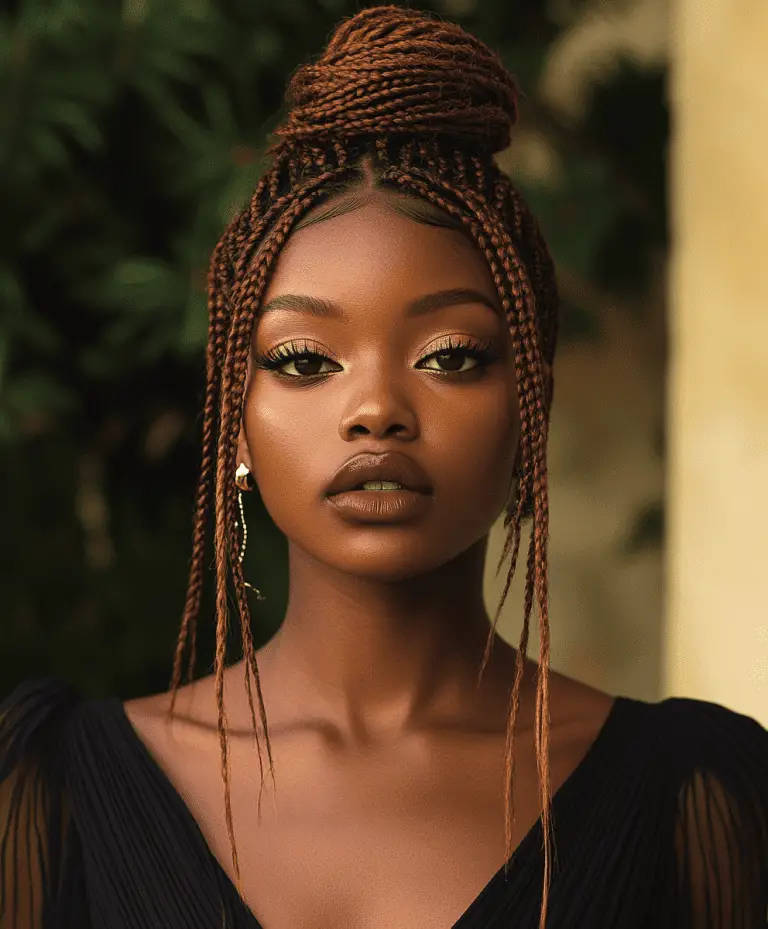 Elegant box braids sleekly swept to the side for a formal look