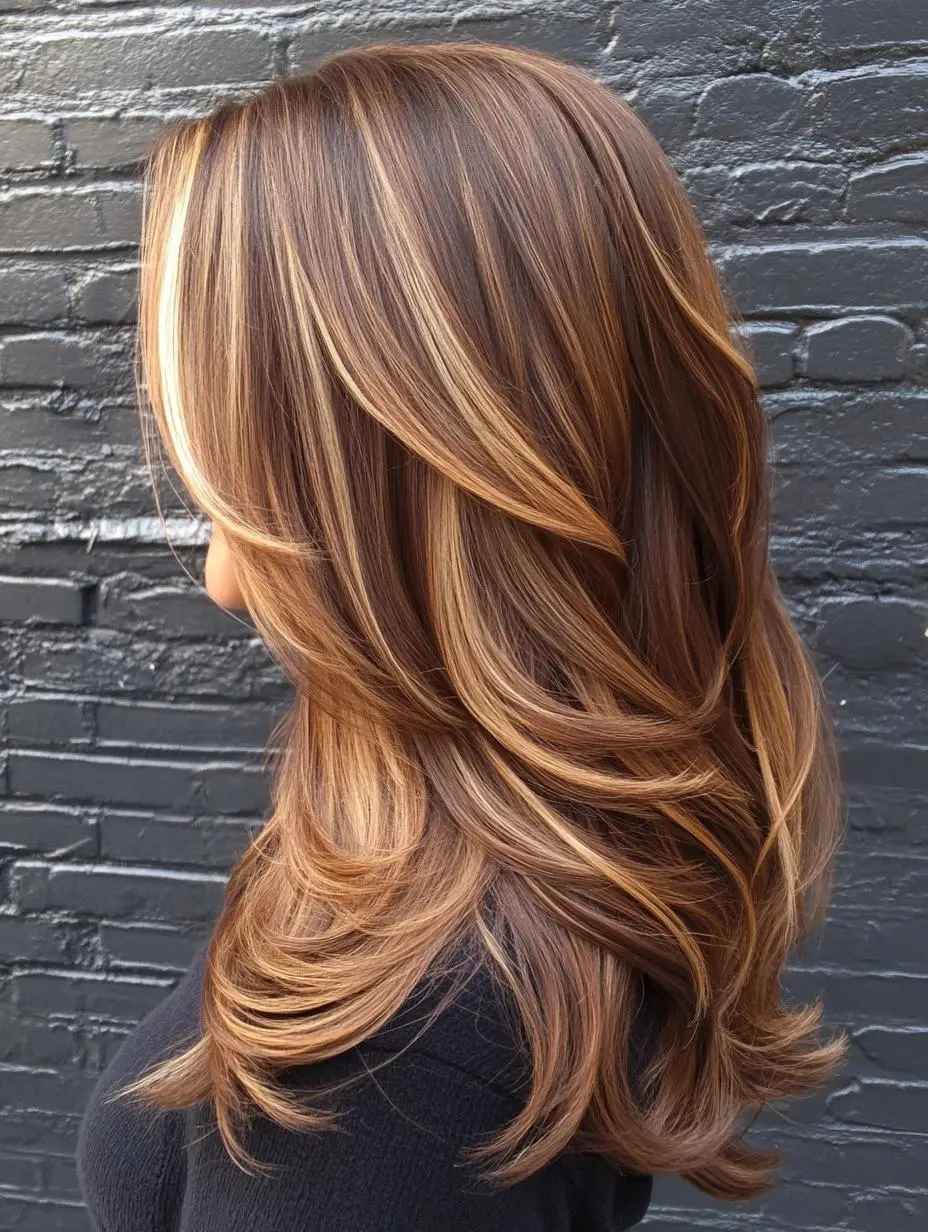Face-framing honey-caramel highlights on wavy brown hair