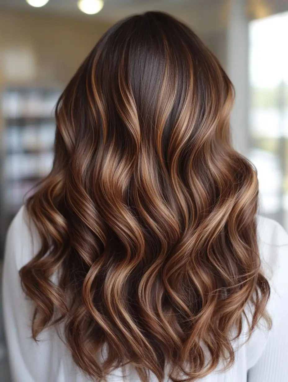 Layered brown hair with golden caramel highlights