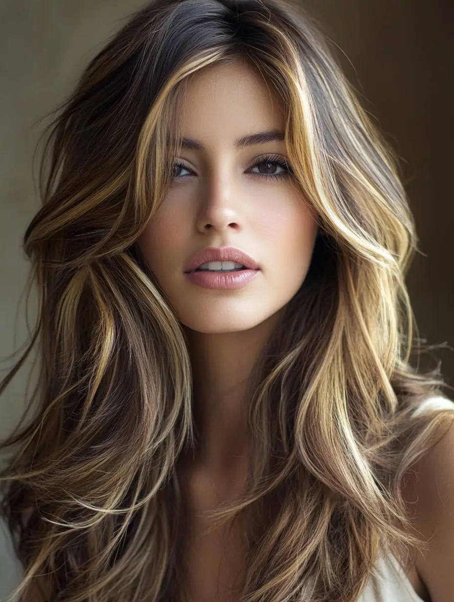 Messy layered hairstyle with honeyed caramel highlights