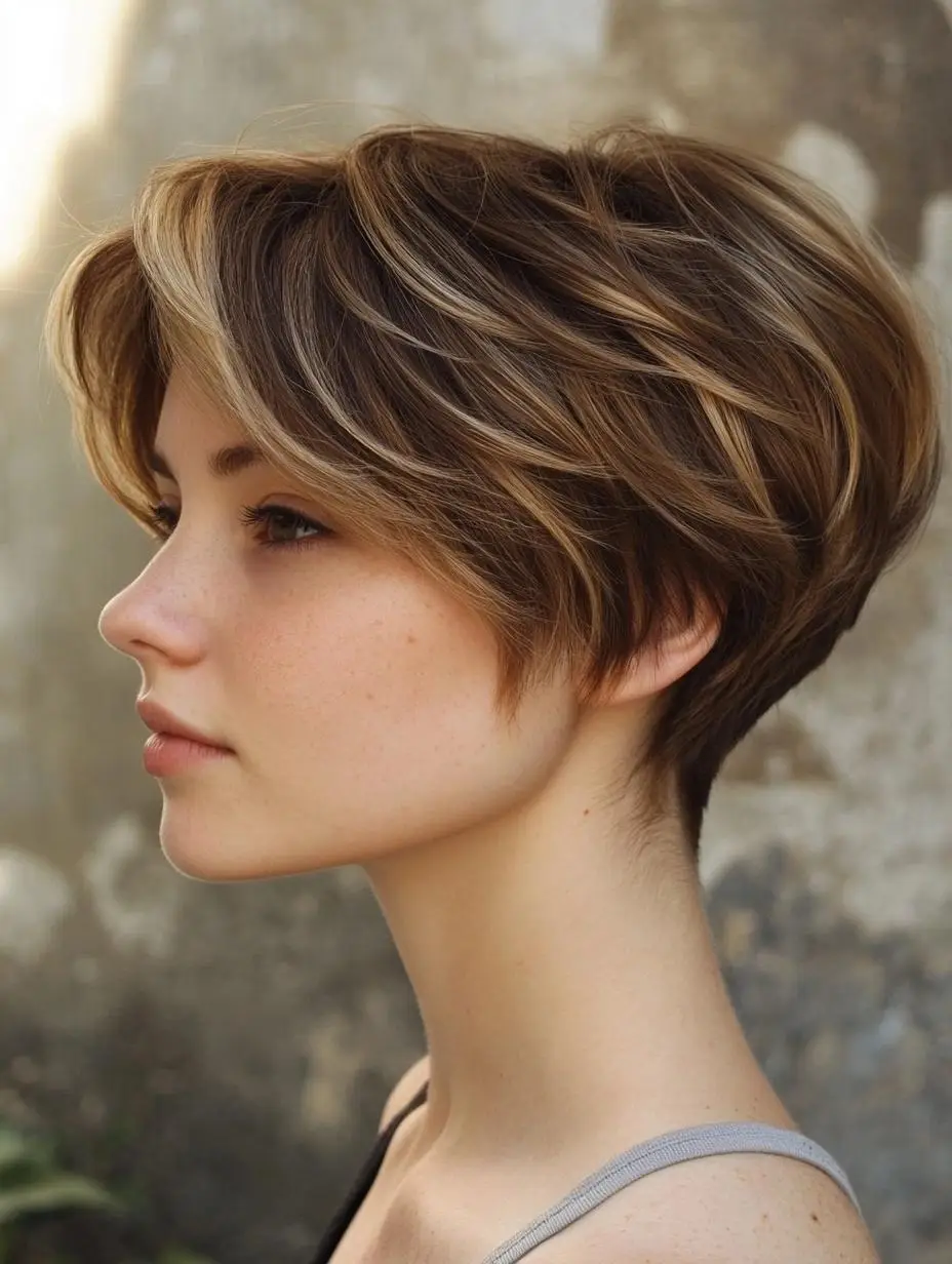 Golden Caramel Balayage on Layered Pixie Cut