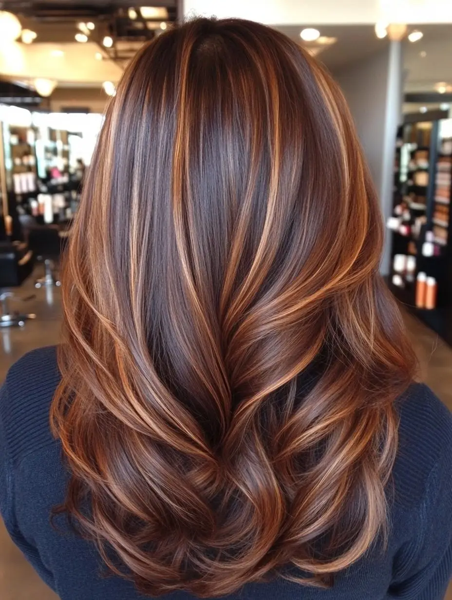 Chestnut brunette hair with caramel-ribbon highlights