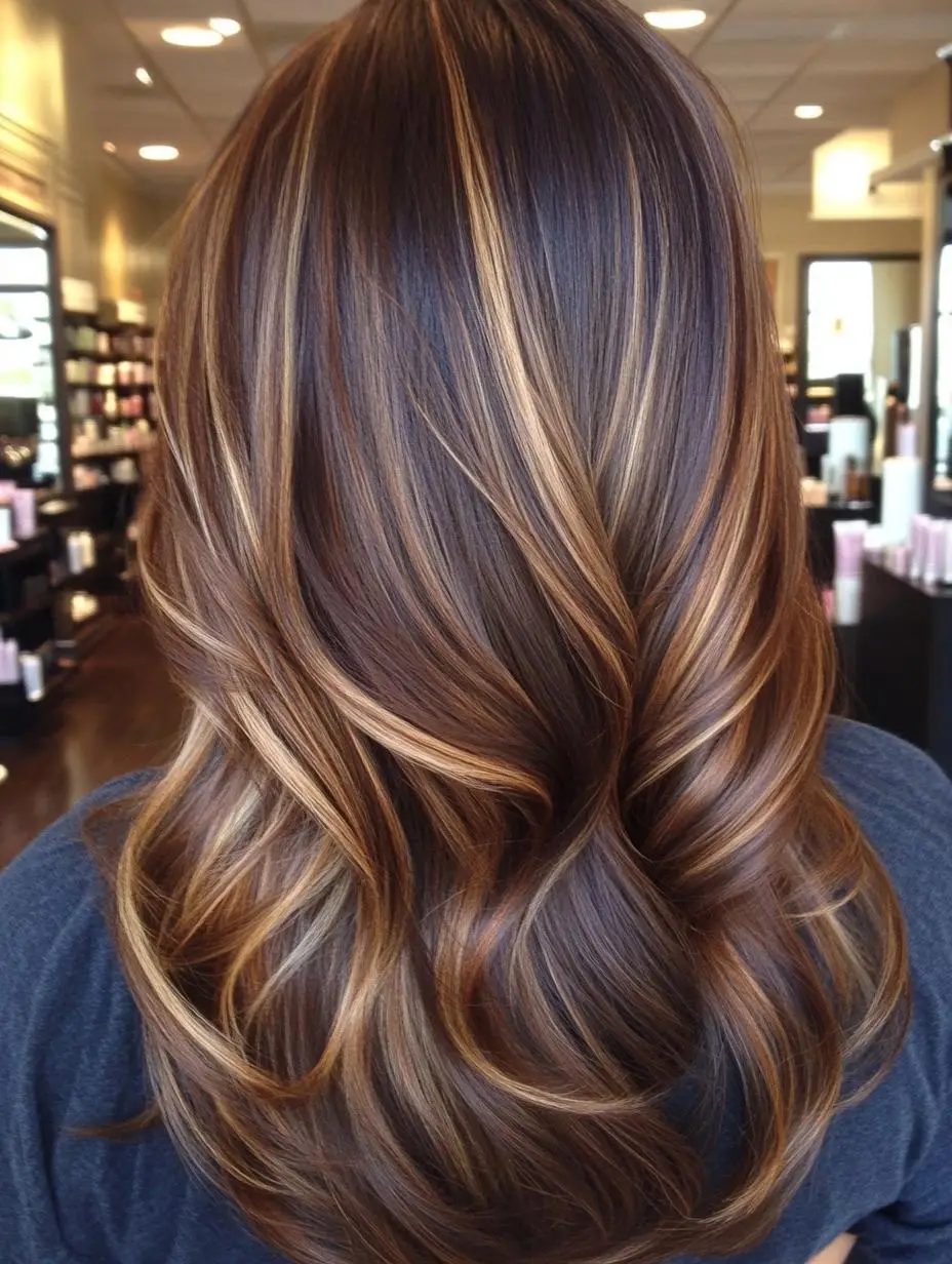 Voluminous layers with bronze-caramel highlights on brunette hair