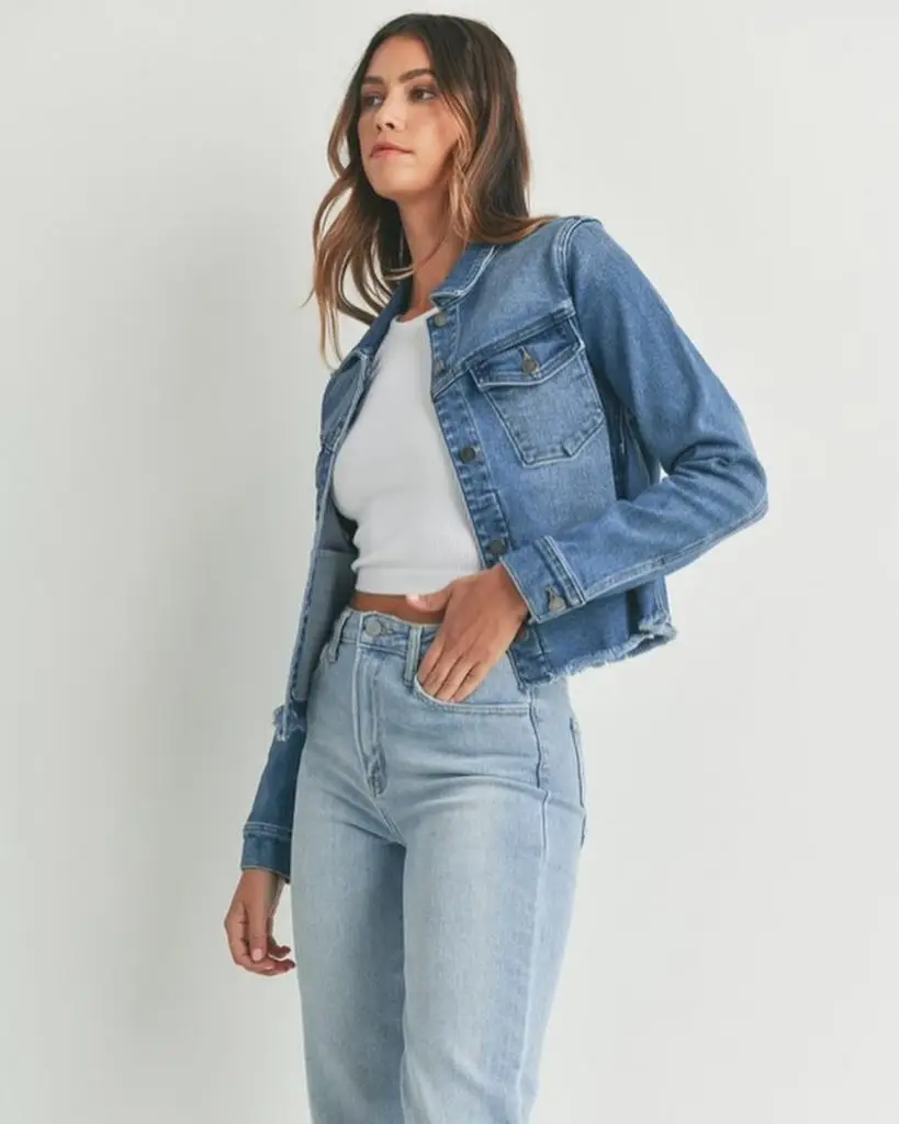 Cropped denim jacket featuring hand-painted floral mandalas in vibrant hues