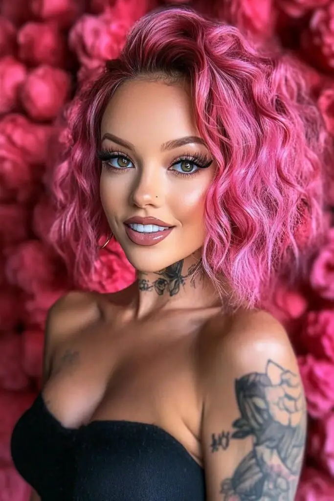 Vibrant Pink Hair with Waves for Valentine's Day
