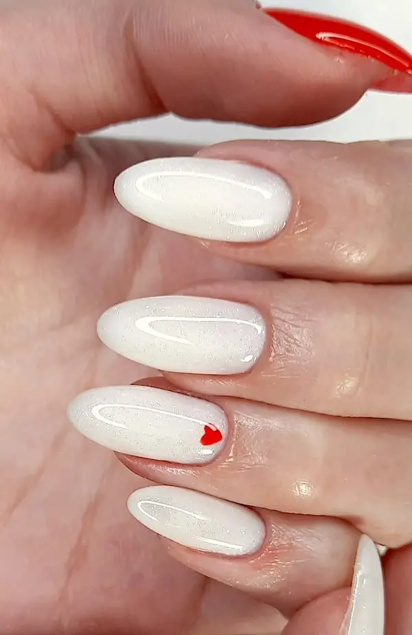 White Almond Nails with Red Heart Tips