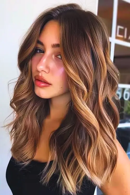 Dark brown hair featuring smooth beige blonde highlights for a soft contrast