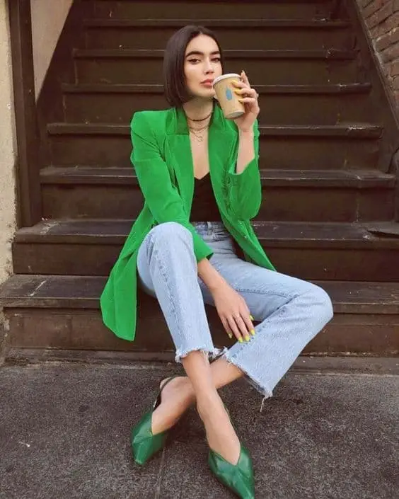 Green cardigan styled with a white tee and jeans for a simple Saint Patrick's Day look