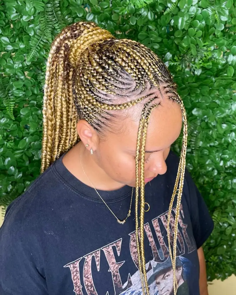 Voluminous goddess cornrows featuring curved rows for added dimension