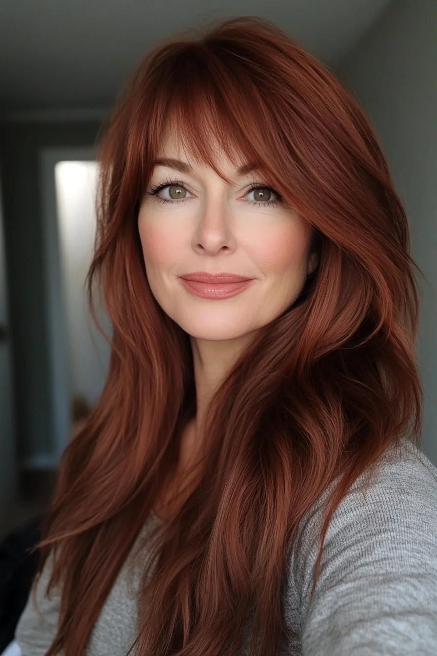 Warm Auburn with Curtain Bangs