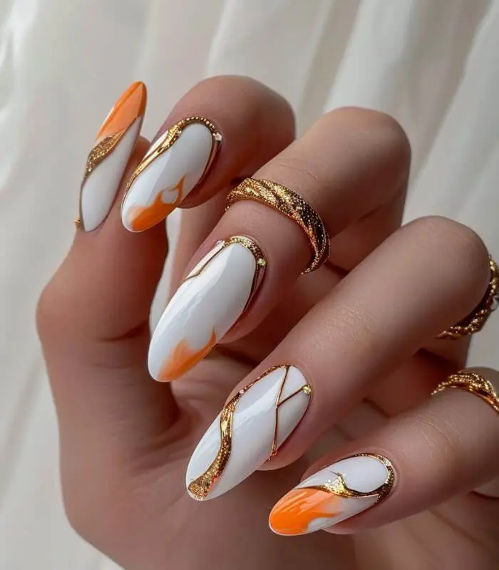 Warm Terracotta Nails with Gold Detailing