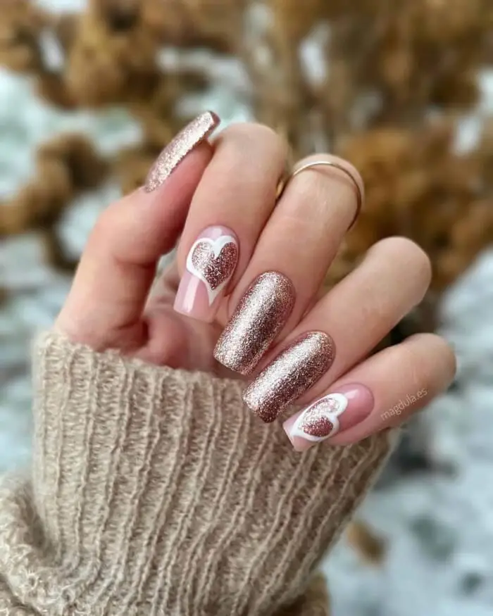 Romantic Red Nails with Golden Heart Accents