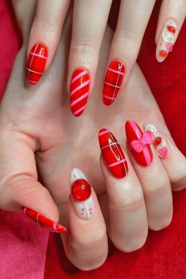 Translucent jelly red Valentine’s Day nails with a glossy finish