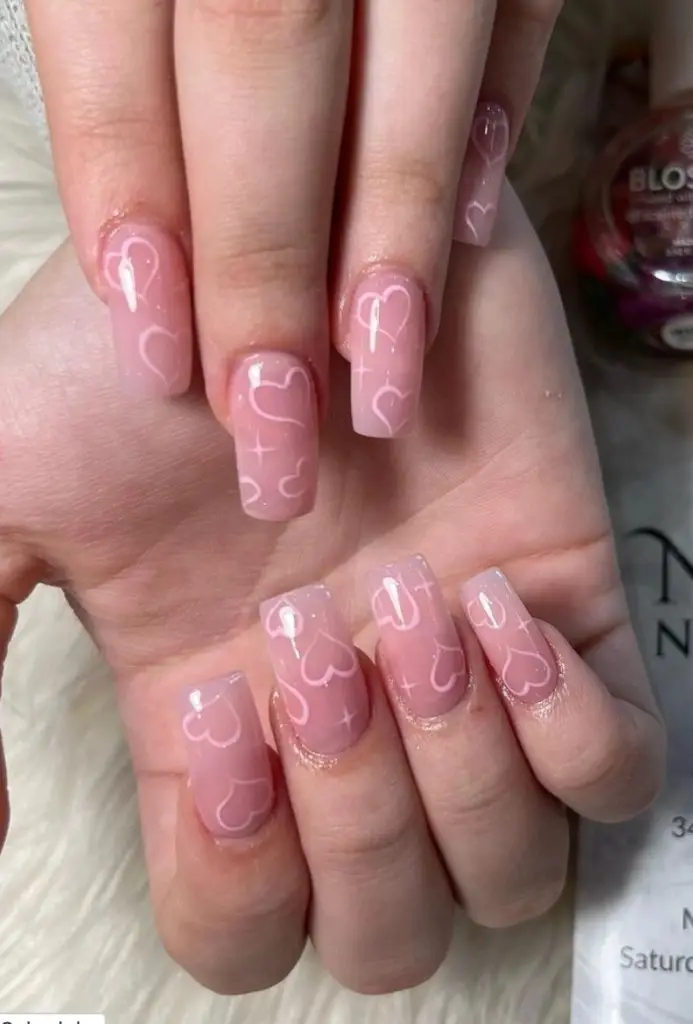White Valentine’s Nails with Delicate Red Details