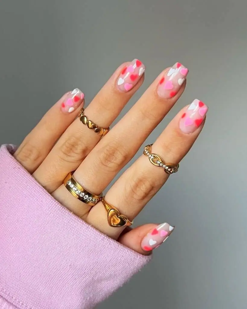 Velvet Matte Hearts on Pink Almond Nails