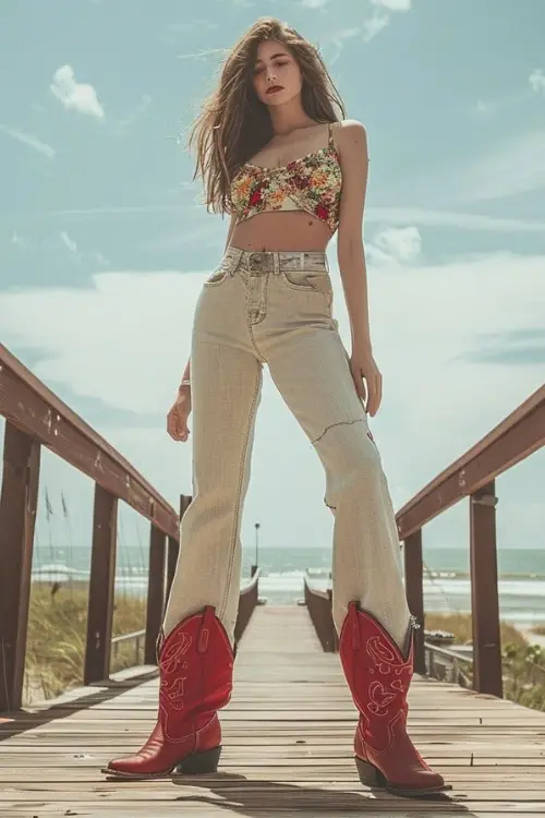 Man in red cowboy boots, floral shirt, and high-waisted jeans