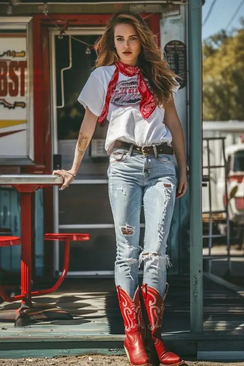 Man in a graphic tee, ripped jeans, and red cowboy boots