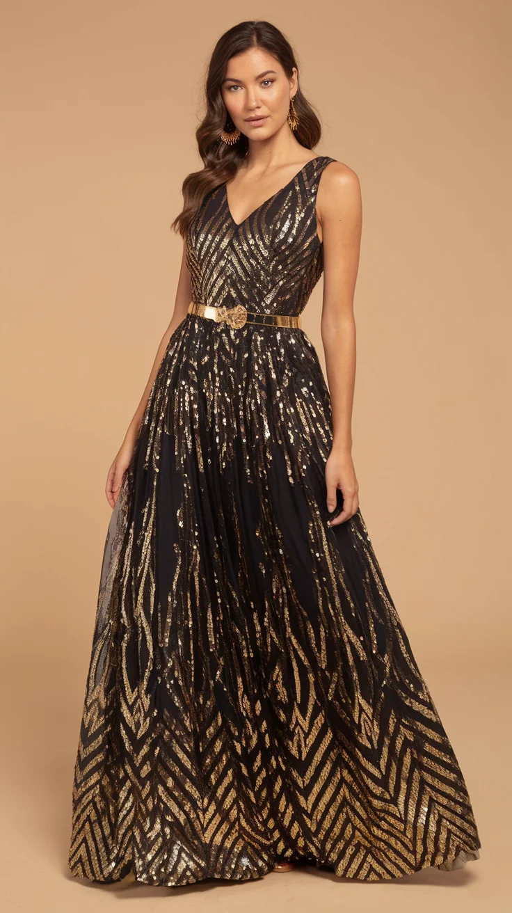 Edgy Black and Gold Geometric Dress