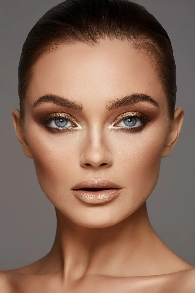 Blue eyes illuminated by soft champagne tones and ethereal shimmer