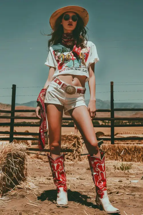 Woman wearing a graphic tee, denim shorts, and red cowboy boots