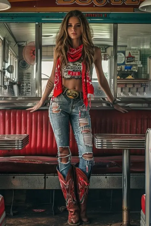 Woman in red cowboy boots, ripped blue jeans, and a white crop top
