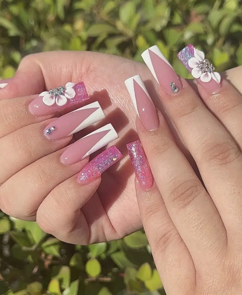 Square Barbie Pink Nails with Metallic Silver Detail