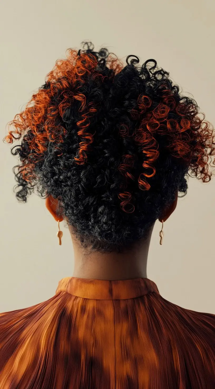 Bright cinnamon highlights on black curls bringing warmth and definition