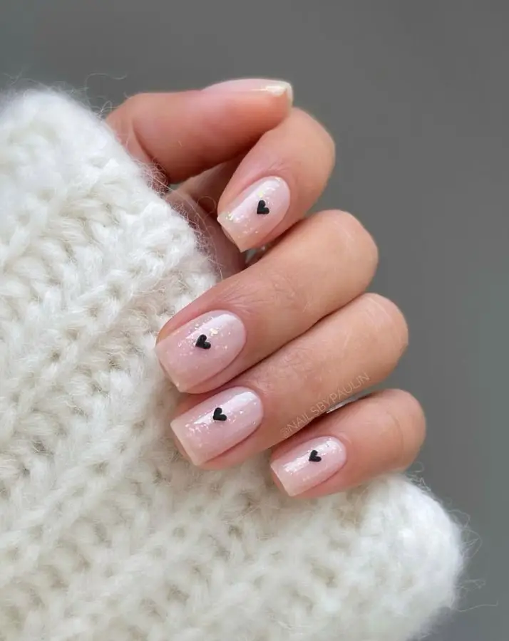 Soft Pink Nails with Red Heart Stripes
