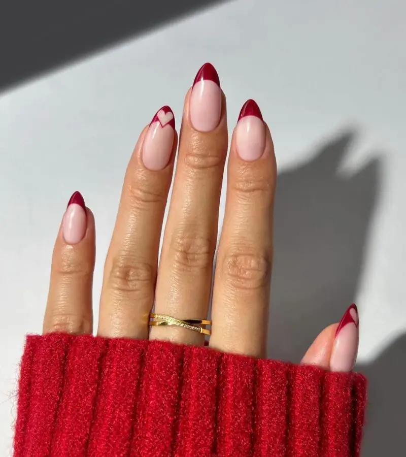 Pink Nails with Bold Red Heart Outlines