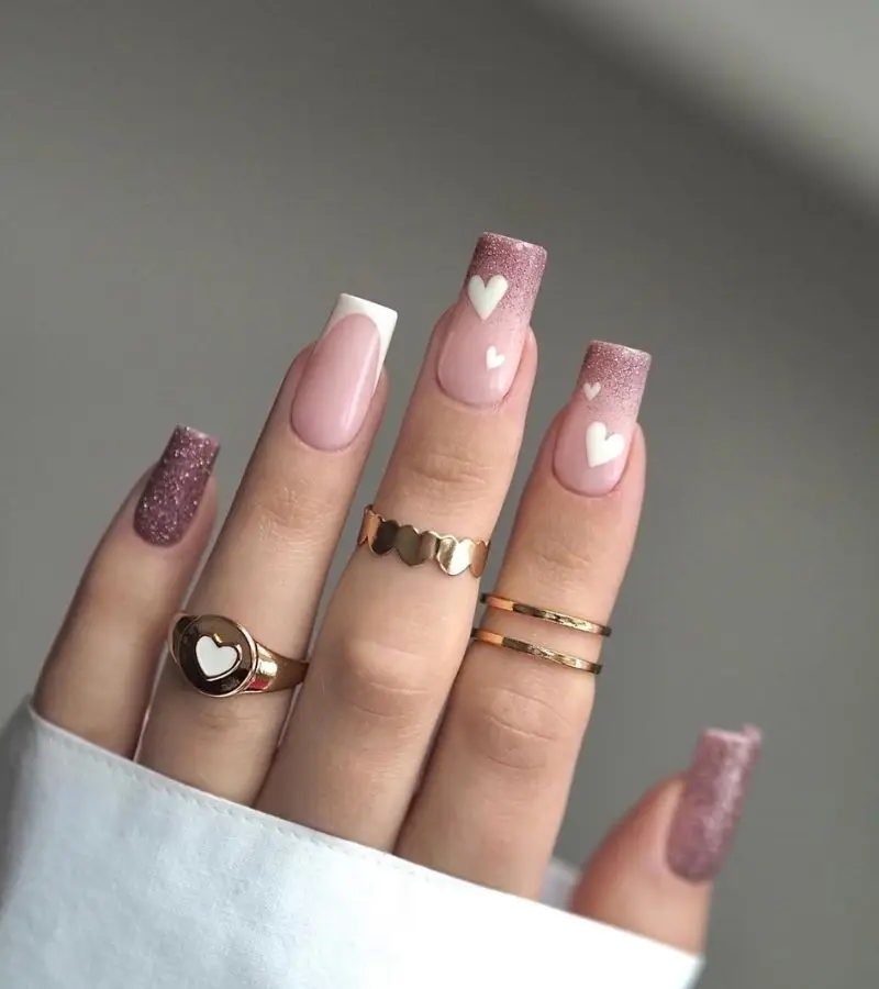 Pale Pink Nails with Red Heart and Arrow Art