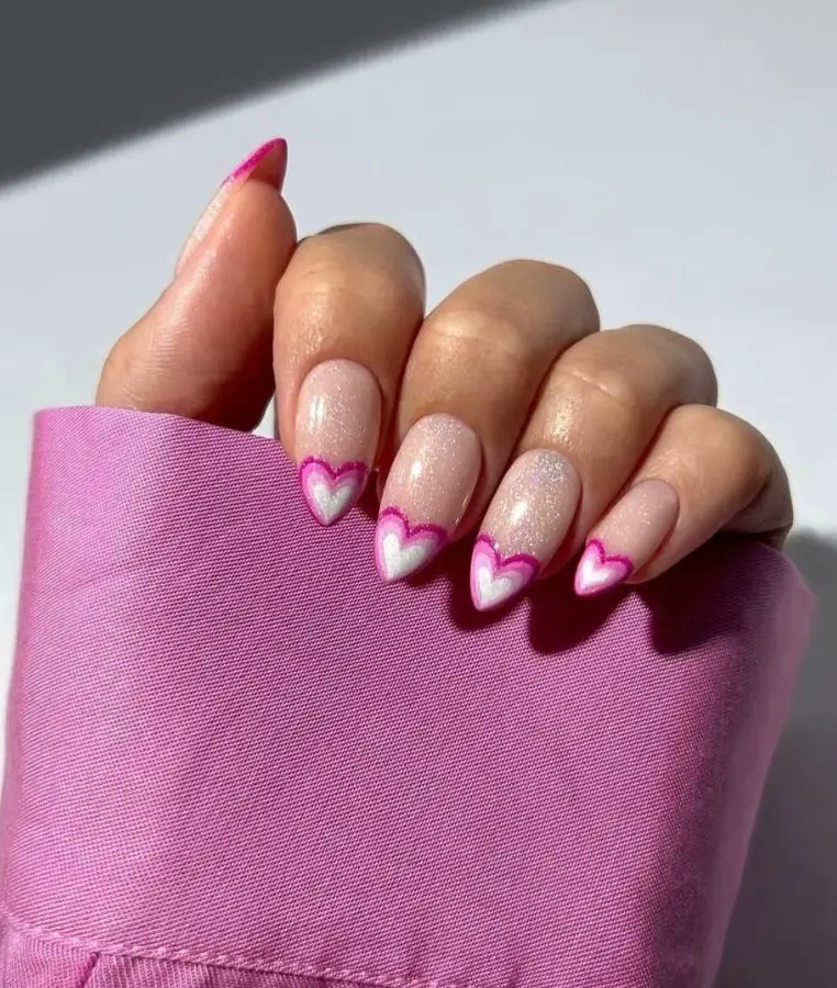 Baby Pink Nails with Red Heart French Tips