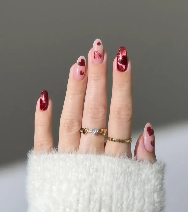 Baby Pink Nails with Delicate White Heart Tips