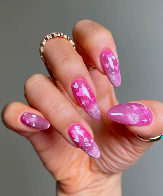 Soft Pink Nails with Heart Accents