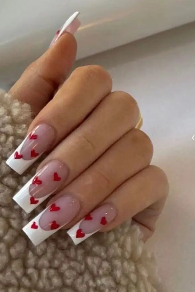 Minimalist Cream Nails with Red Heart Accents