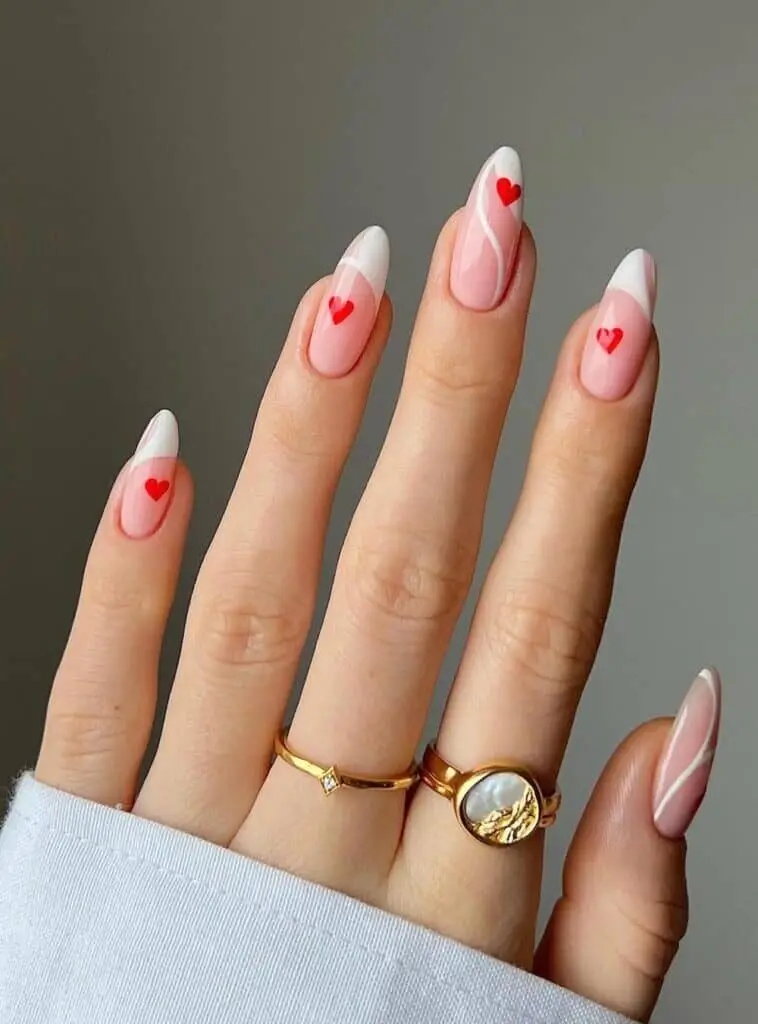 Minimalistic Nude Nails with Gold Heart Lines for Valentine's Day