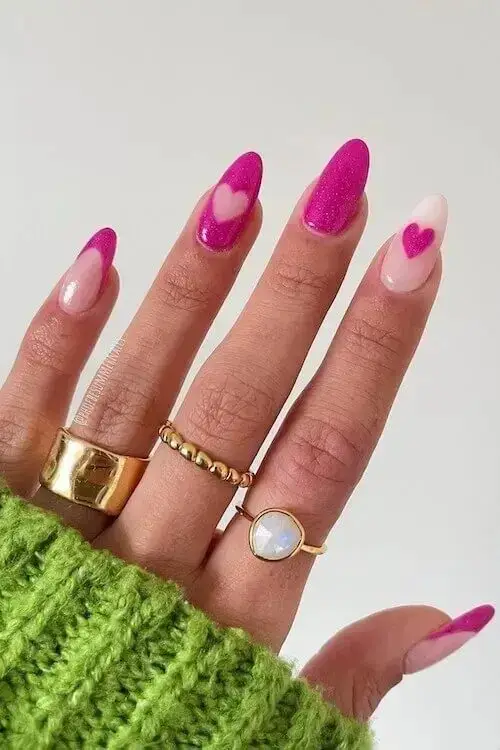 Classic Nude Nails with Dainty Pink Hearts