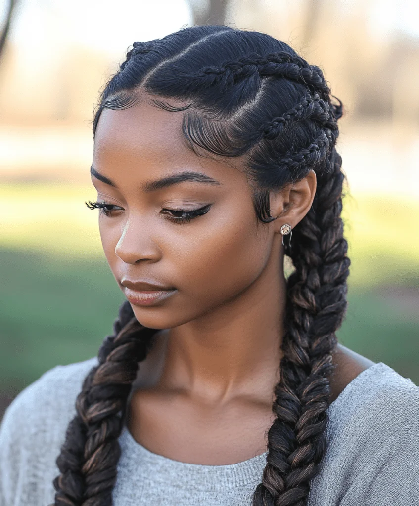 Intricate goddess braids styled with twists for added texture
