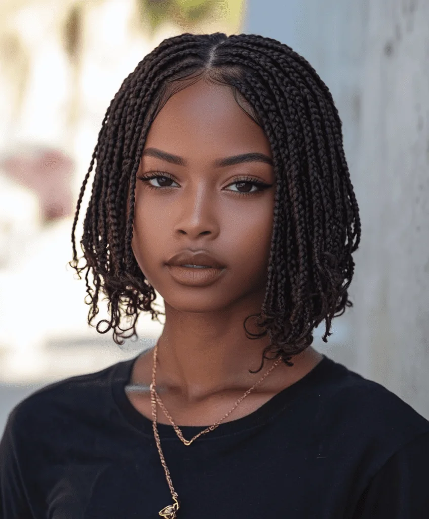 Trendy short box braids with gold cuffs for added style