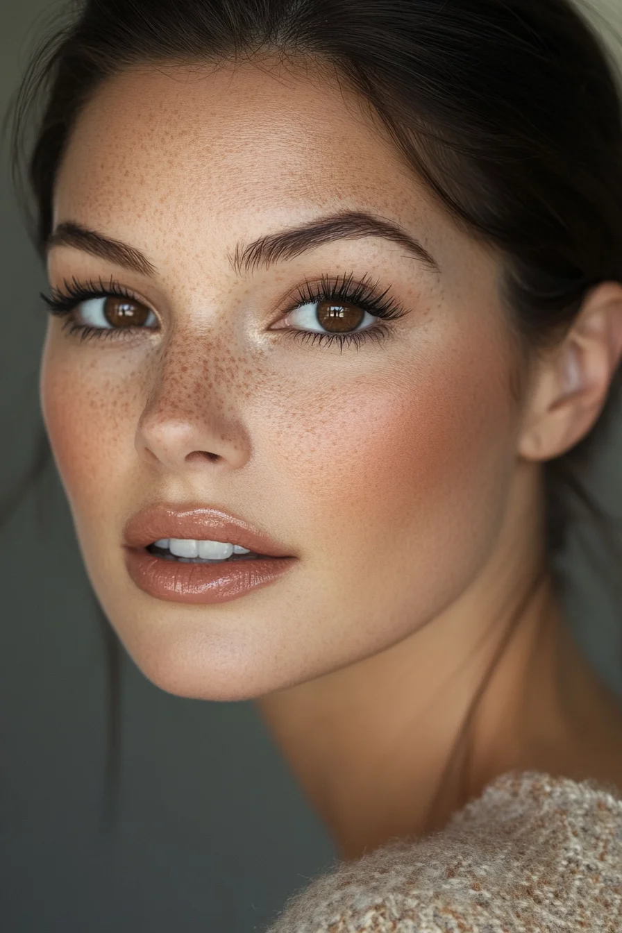 Neutral glam eye makeup look with creamy nude tones on brown eyes