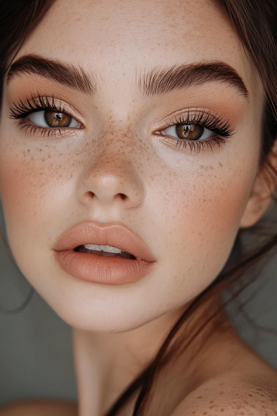 Brown eyes enhanced by muted earth-toned makeup