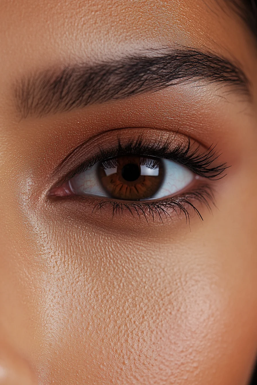 Brown eyes accentuated by matte peach-toned makeup