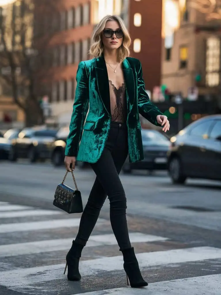 Bright red jumpsuit styled for a holiday party