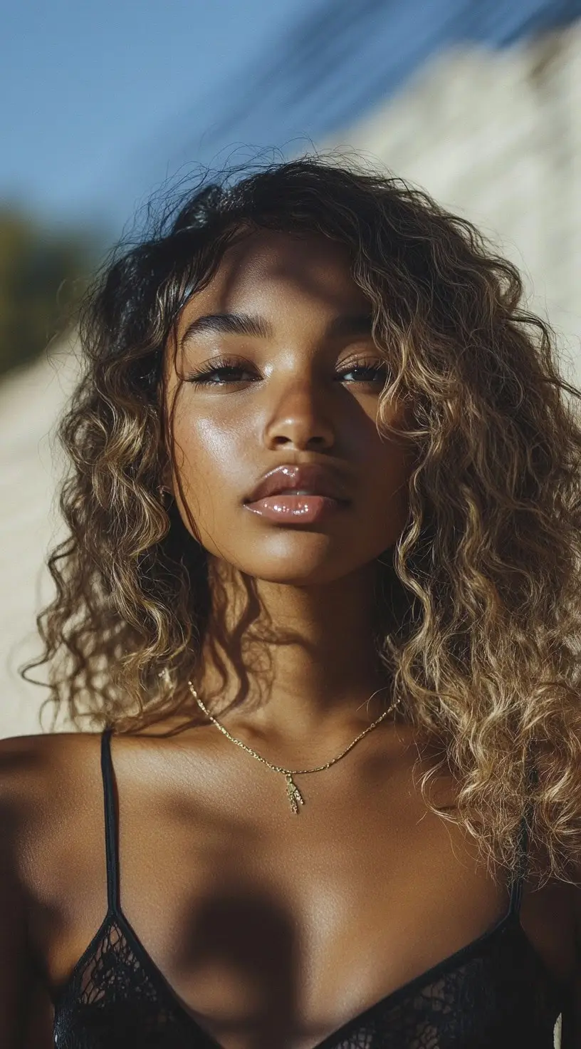 Natural Honey Brown Balayage on Curly Hair