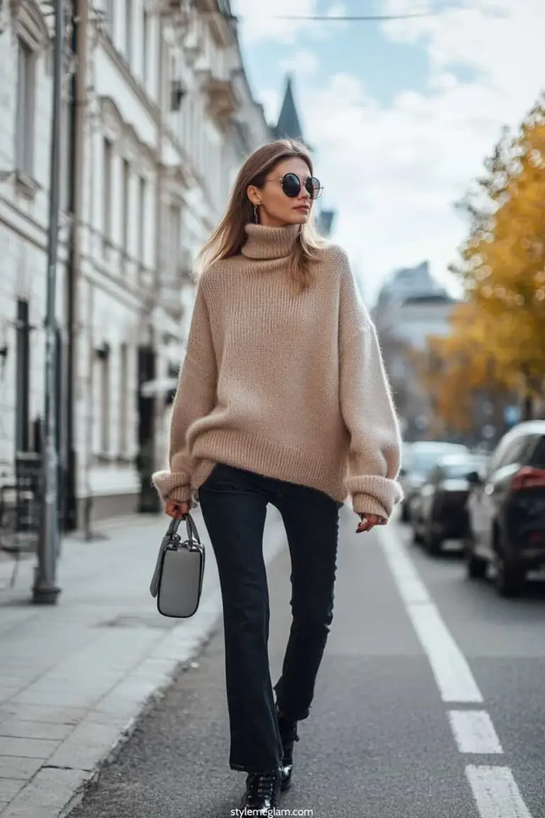 Elegant fall outfit featuring a turtleneck, trench coat, and tailored trousers