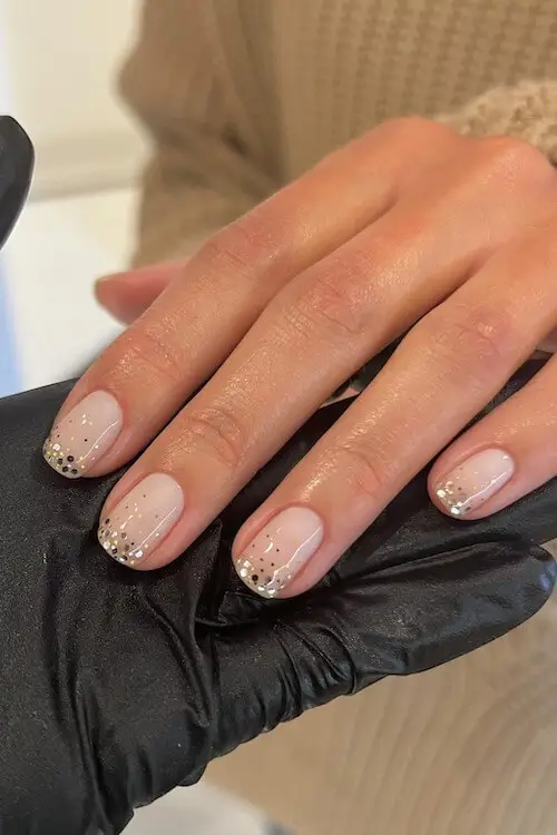 Short Nude Acrylic Nails with Gold Leaf Detailing
