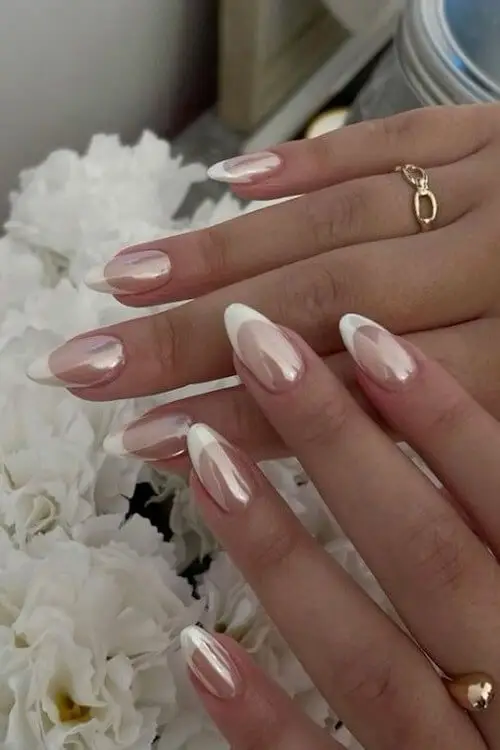 Neutral Almond Nails with Glitter Ombré Tips