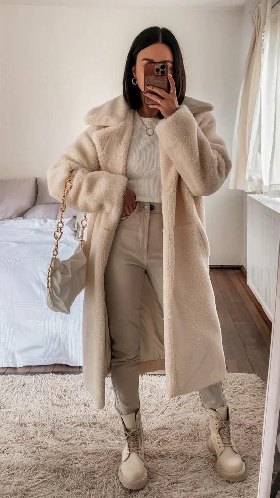 Sophisticated outfit with knit sweater, wool shorts, and tall boots