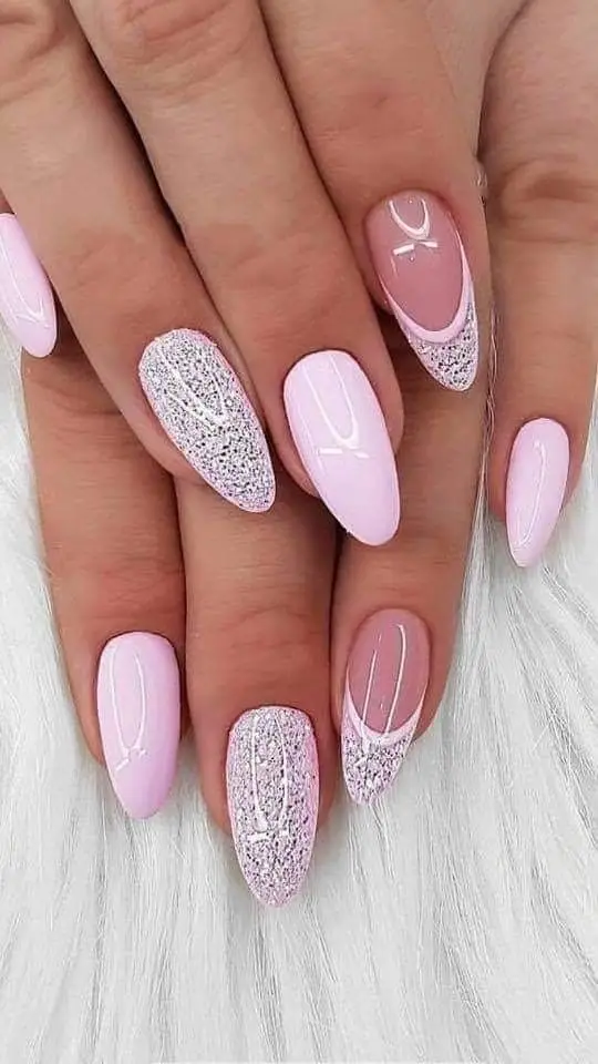 Blush Pink Nails with Glitter Heart Tips