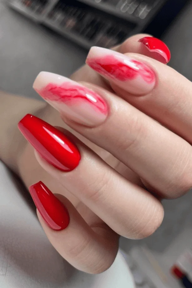 Elegant red Valentine’s Day nails with glossy shine